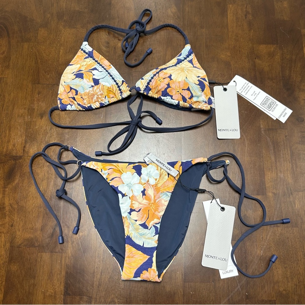 NWT Monte and Lou Paraiso Navy Blue and Orange
Floral String Bikini Set Size 6 - Picture 3 of 16